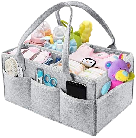 Best Baby Diaper Caddy Organizer, Foldable Felt Nursery Tote Storage Bin Portable Car Travel Organizer with Multi Pockets and Flexible Compartments for Diapers, Wipes