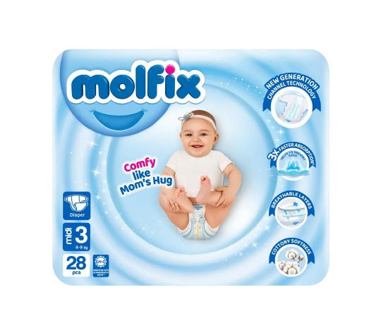 Molfix Diapers – Medium Size 3 28 Pcs 4–9kg Anti-Leak, Soft & Breathable Baby Diapers